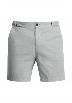 Shorts décontractés pour hommes de couleur gris clair avec fermeture à boutons, côtés à taille élastique, passants de ceinture et poches latérales, présentés sur un fond blanc.