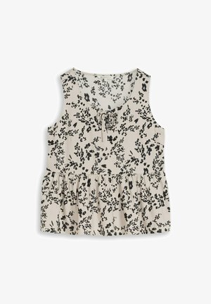 Blouse beige sans manches avec imprimé floral noir, col rond, détail noué à l'avant et basque froncée à la taille.