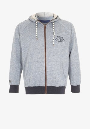 Světle modrá mikina na zip s raglánovými rukávy, šedou kapucí, kontrastními tmavě modrými manžetami, dvěma předními kapsami a logem na hrudi.