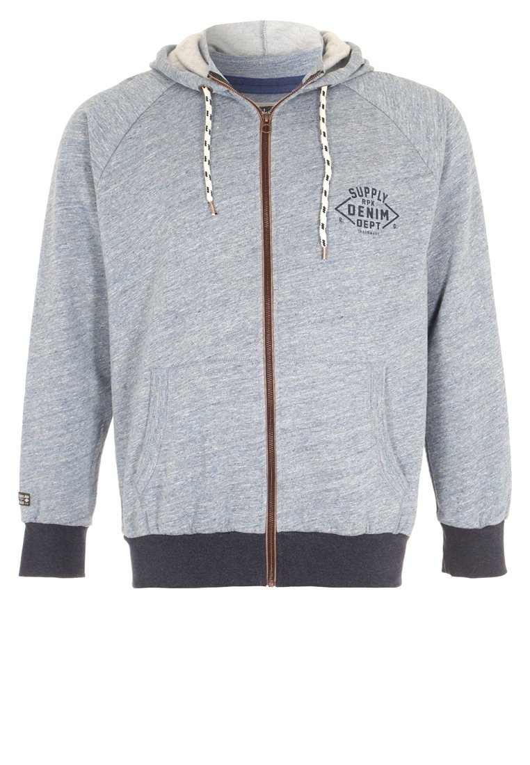 Light blue zip-up hoodie with raglan sleeves, grey hood, contrasting dark blue cuffs, two front pockets, and logo on the chest.