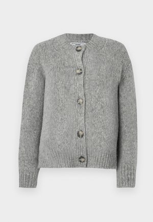 Lysegrå strikket cardigan med rund utringning, frontknapper, ribbestrikkede mansjetter og en lett cropped passform. Myk tekstur og minimalistisk design.
