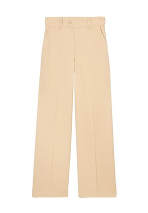Pantalons beige à jambes larges en tissu doux, dotés d'une taille avec passants de ceinture, de poches avant et d'une fermeture à un bouton.