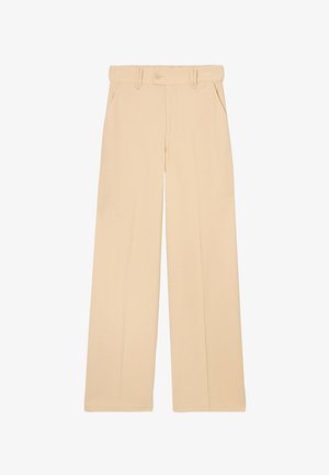 Pantalons beige à jambes larges en tissu doux, dotés d'une taille avec passants de ceinture, de poches avant et d'une fermeture à un bouton.