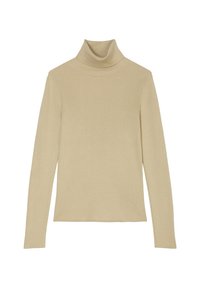 Beige Rollkragenpullover aus geripptem Strickstoff. Verfügt über lange Ärmel und ein tailliertes Design mit flachem Kragen.