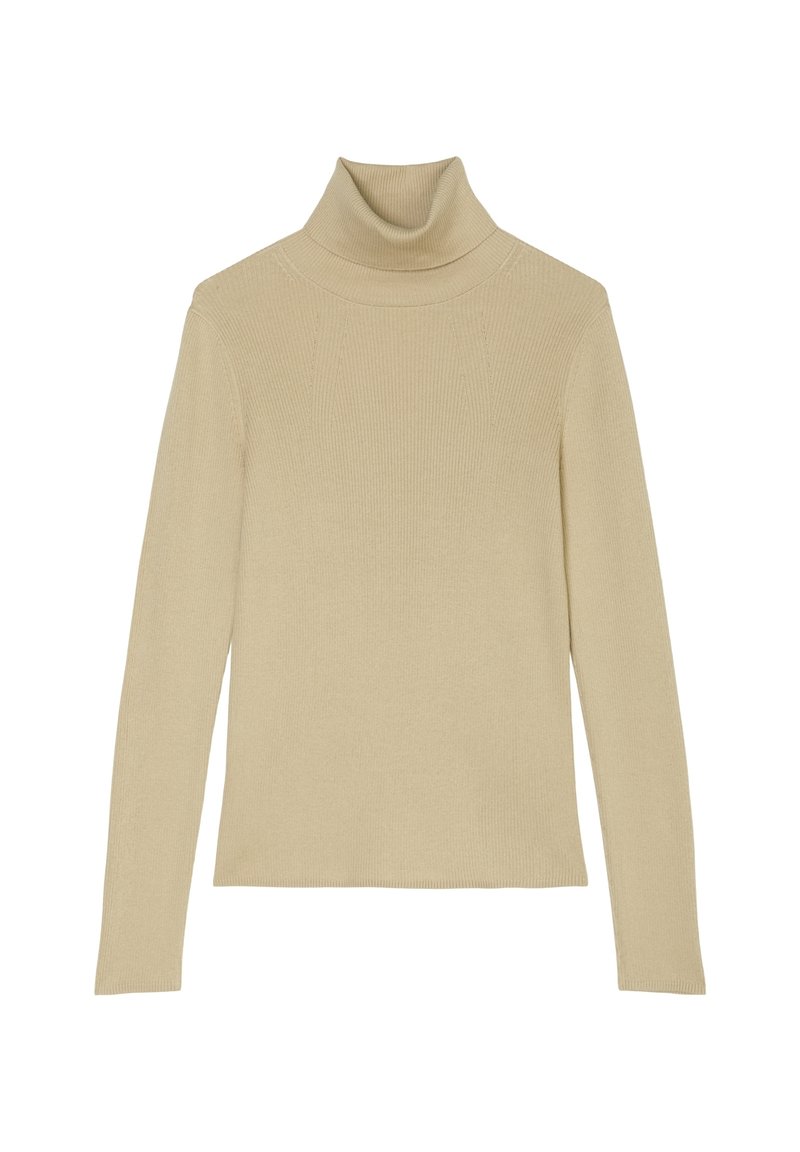 Beige Rollkragenpullover aus geripptem Strickstoff. Verfügt über lange Ärmel und ein tailliertes Design mit flachem Kragen.