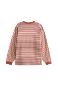 Chemise à manches longues avec un motif rayé rouge et blanc horizontal, encolure ronde et poignets côtelés. Fabriquée en tissu doux, avec une coupe décontractée.