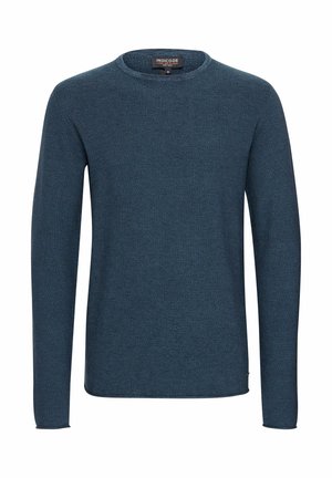 Tume sinine kudum, ümar kaelus, pikad varrukad, tekstureeritud kangas, õrn soonikkoes muster, sirge alläär, silt nähtav krae juures.