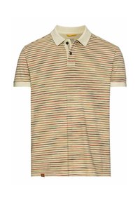 Korte mouwen polo t-shirt met een crèmekleurige basis en horizontale strepen in rood, blauw en bruin. Geknoopte sluiting en merkaccent aan de zoom.