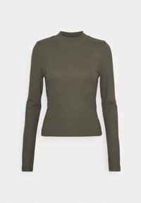 Top a maniche lunghe, a costine, di colore verde oliva con collo alto. Presenta una silhouette aderente e una texture del tessuto elastica.
