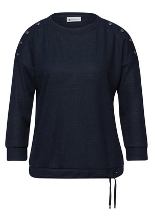 Mørk marineblå langærmet sweater med knapdetaljer på skuldrene og justerbar snor i kanten, ribstrikkede ærmekanter og rund hals.