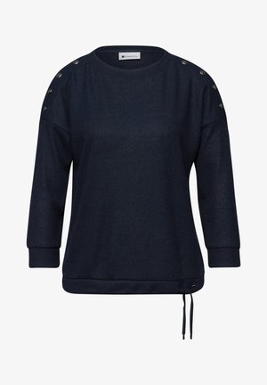 Donkerblauwe trui met lange mouwen, knoopdetails op de schouders en verstelbare trekkoord aan de zoom, geribbelde manchetten en een ronde hals.