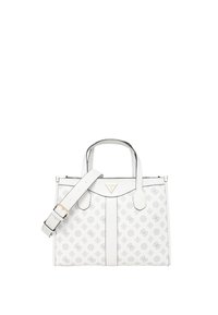 Borsa a tracolla bianca con motivo logo grigio, doppi manici superiori, tracolla regolabile, chiusura con zip e targhetta logo in tonalità oro. Superficie texturizzata.