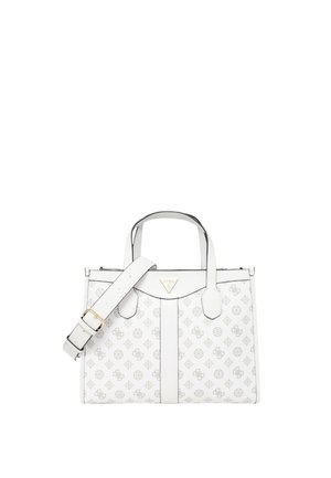 Borsa a tracolla bianca con motivo logo grigio, doppi manici superiori, tracolla regolabile, chiusura con zip e targhetta logo in tonalità oro. Superficie texturizzata.