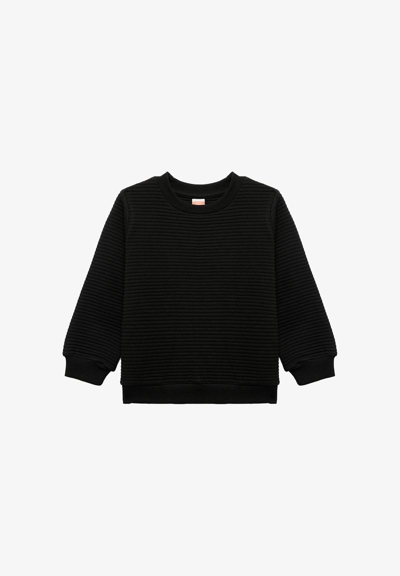 Suéter negro texturizado con patrón acanalado, cuello redondo y mangas largas. Tejido suave con puños y dobladillo ajustados.