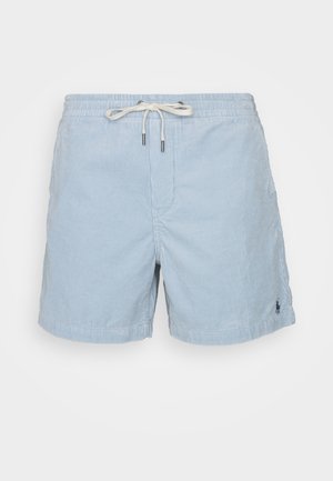 Pantalones cortos de pana azul claro con cintura elástica y cordón blanco, con un pequeño logo bordado cerca del dobladillo inferior.