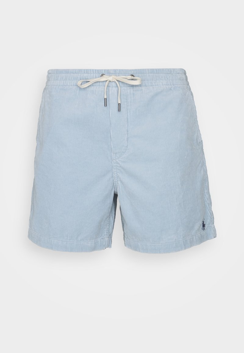 Short en velours côtelé bleu clair avec une ceinture élastique et un cordon blanc, avec un petit logo brodé près de l'ourlet inférieur.