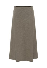 Ceļgalu garuma svārki izturīgā olīvu zaļā krāsā, izgatavoti no mīksta auduma ar brīvu piegriezumu un uzplaukušu dizainu. Nav redzamu aizdaru.