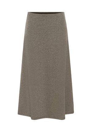 Sukňa po kolená v tlmenej olivovo zelenej farbe, vyrobená z mäkkého materiálu s voľným strihom a rozšíreným dizajnom. Bez viditeľného zapínania.