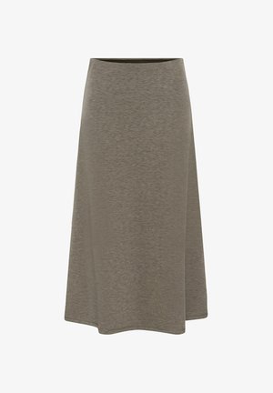 Een knielange rok in een gedempt olijfgroen, gemaakt van zachte stof met een ontspannen pasvorm en een uitlopende snit. Geen zichtbare sluitingen.