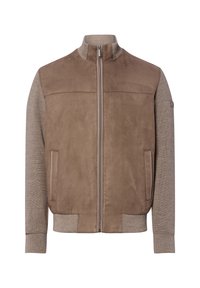 Brązowa kurtka z zamkiem błyskawicznym, z przodu ze skóry zamszowej i teksturowanymi, dzianinowymi rękawami, z prążkowanymi mankietami i dołem dla dodatkowego wykończenia.
