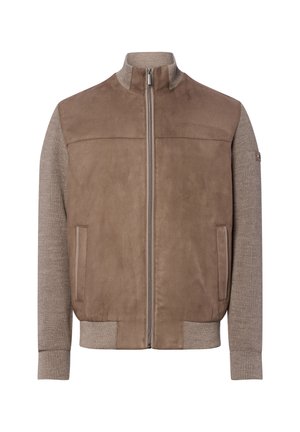 Brown jacket featuring a zip closure, suede front and textured knit sleeves, with ribbed cuffs and hem for added detail.