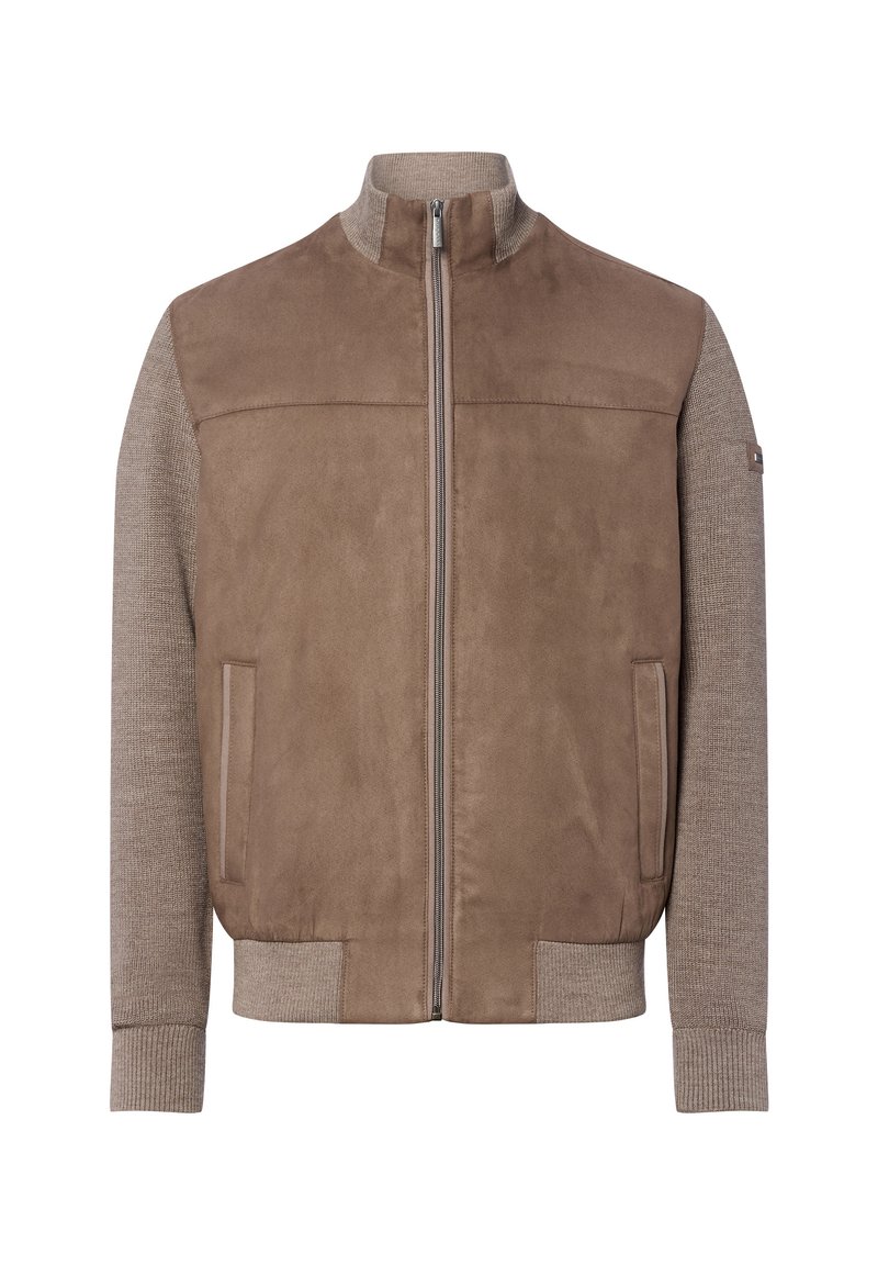 Brązowa kurtka z zamkiem błyskawicznym, z przodu ze skóry zamszowej i teksturowanymi, dzianinowymi rękawami, z prążkowanymi mankietami i dołem dla dodatkowego wykończenia.