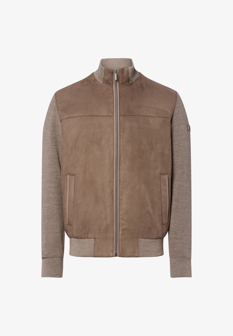Brązowa kurtka z zamkiem błyskawicznym, z przodu ze skóry zamszowej i teksturowanymi, dzianinowymi rękawami, z prążkowanymi mankietami i dołem dla dodatkowego wykończenia.