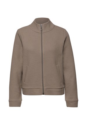 Veste zippée texturée taupe avec col montant et poches latérales, présentée sur un fond blanc.