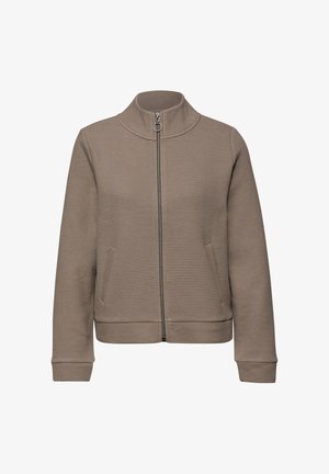 Taupe tekstureret lynlåstrøje med stående krave og sidelommer, vist på en hvid baggrund.