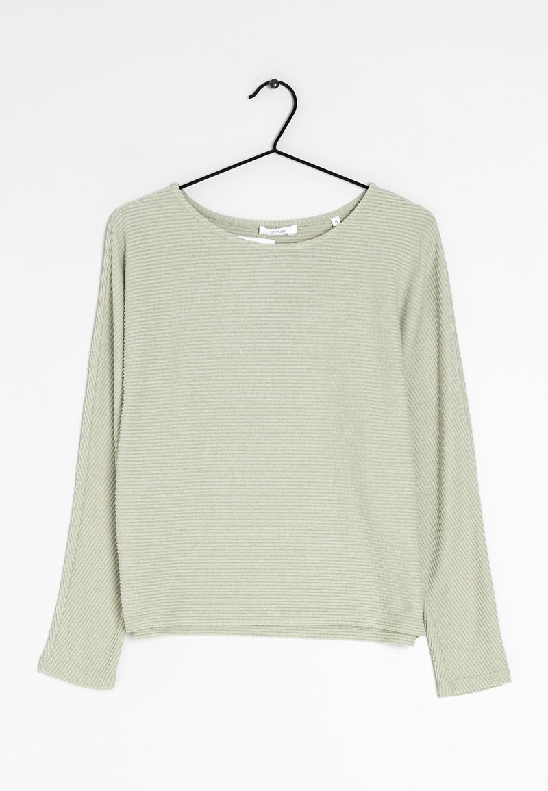 Jasnozielony sweter z długim rękawem i dekoltem w łódkę. Charakteryzuje się prążkowaną teksturą i prostym dołem. Brak widocznych elementów metalowych lub ozdób.