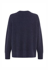Maglione navy lavorato a maglia con una trama a costine, spalle scese e maniche lunghe. Presenta un collo rotondo e una vestibilità comoda.