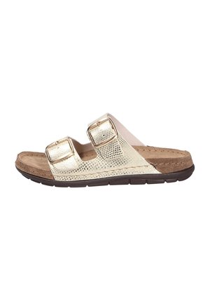 Open-toe slipper with two gold buckle straps, textured beige upper, cushioned brown insole, and black rubber sole.