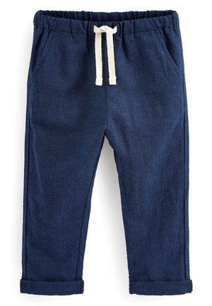 Pantalon bleu marine pour tout-petit avec taille élastique, cordon blanc, poches latérales et ourlets retroussés, posé à plat sur fond blanc.