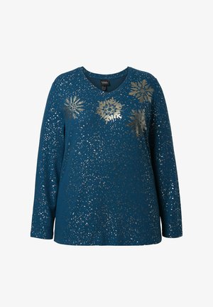 Blaues langärmliges Strickoberteil mit V-Ausschnitt, das metallische goldene Schneeflockenmuster und silberne Sprenkel im gesamten Stoff aufweist.