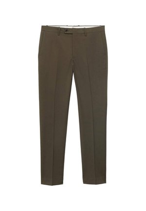 Pantalones de vestir para hombre en color marrón, ajustados, con trabillas para cinturón, un botón frontal y bolsillos laterales, exhibidos sobre un fondo blanco.