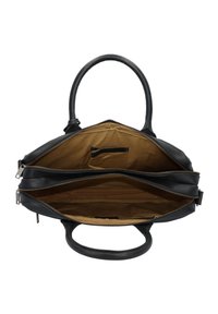 Schwarze Lederhandtasche mit zwei Fächern, Metallreißverschluss und einem tanfarbigen Innenfutter. Verfügt über zwei Griffe für ein einfaches Tragen.