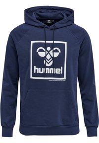 Dunkelblaues Kapuzensweatshirt mit einer Kängurutasche vorne, Kordelzugkapuze und weißem Hummel-Logo, das eine stilisierte Biene innerhalb eines Quadrats zeigt.