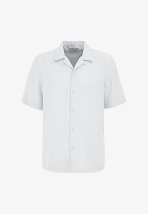 Lühikeste varrukatega nööbiga särk helesinises toonis, valmistatud siledast kangast, klassikalise krae ja sirge lõikega, ees viie nööbiga.