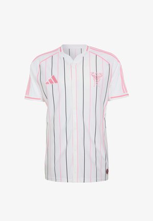Weißes Sporttrikot mit pinken und schwarzen vertikalen Streifen, pinkes Adidas-Logo auf der rechten Brust, Team-Emblem auf der linken Brust und drei pinkfarbene Streifen an den Ärmeln.