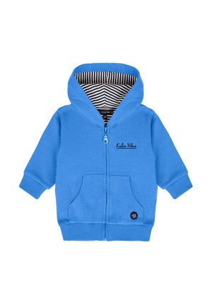 Sweat à capuche bébé bleu vif avec doublure à rayures dans la capuche, fermeture éclair frontale, poches avant et "Kalon Vilton" brodé sur la poitrine.