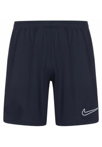 Marineblaue Sportshorts aus leichtem Material, mit einem elastischen Bund und einem weißen, gestickten Nike-Logo auf der linken Seite.