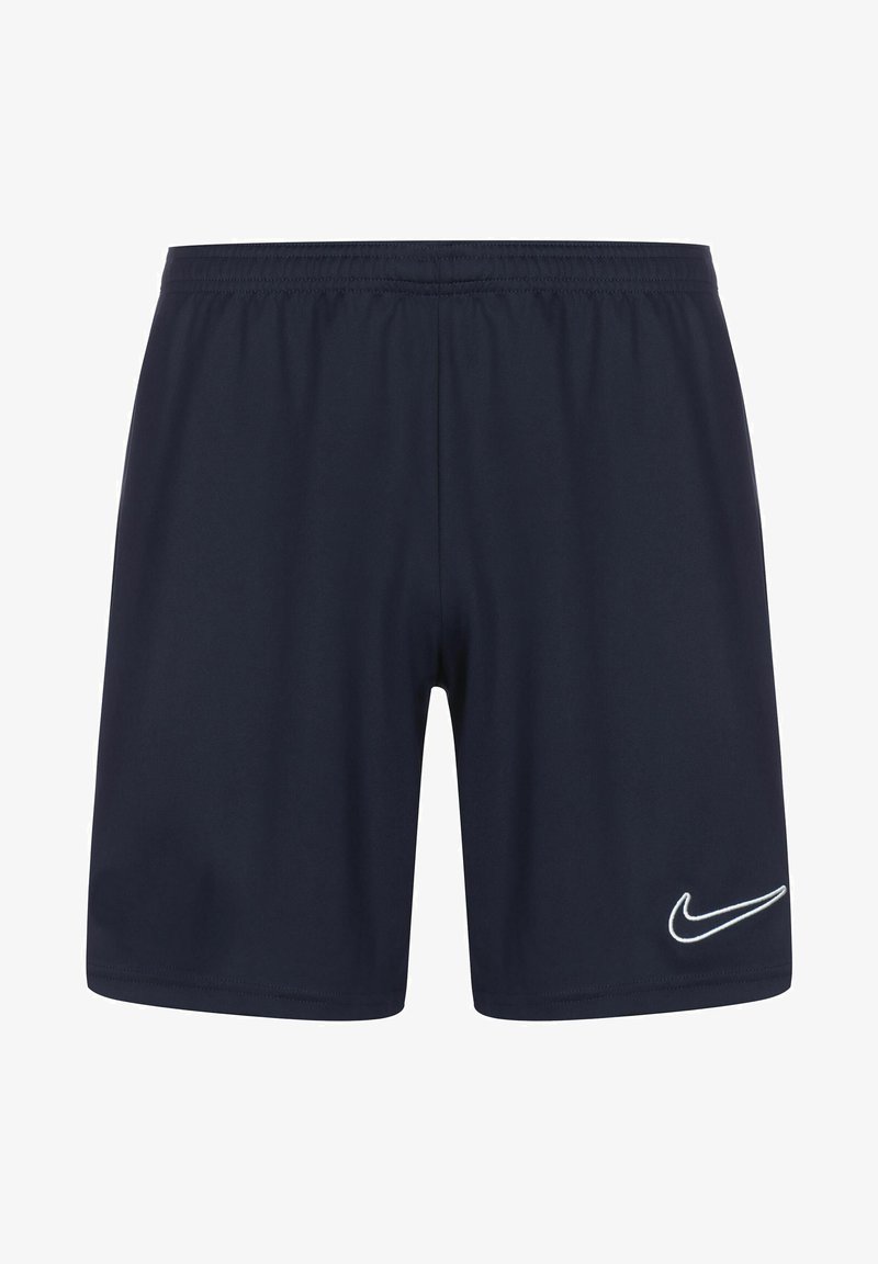 Shorts de sport bleu marine en tissu léger, avec une taille élastique et un logo Nike brodé blanc sur le côté gauche.