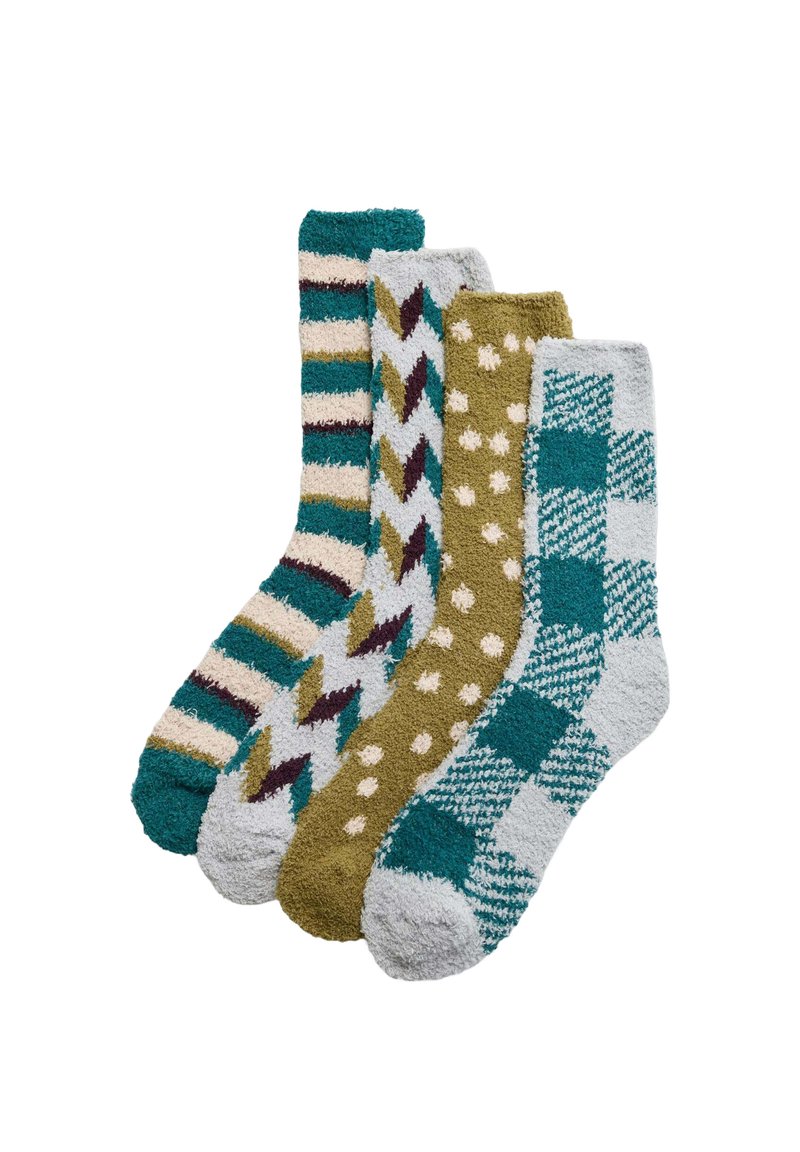 Conjunto de cuatro calcetines con diferentes текстuras y patrones: rayas, chevron, lunares y cuadros en tonos teal, oliva, crema y gris.