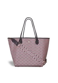 Large tote bag made of patterned fabric featuring diamond shapes in red and navy with black leather accents and two handles. Adjustable strap included.