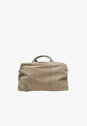 Beige leather duffel bag with smooth texture, dual handles, adjustable shoulder strap, and a zipper closure. Minimalistic design, no visible patterns.