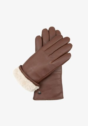 Brown leather gloves with a soft cream fur cuff. Features three seams on each finger and a small metal logo accent on the wrist.