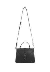 Černá kožená kabelka se strukturovaným designem, vybavená horní rukojetí a nastavitelným ramenním popruhem. Detail s přezkou na přední straně.