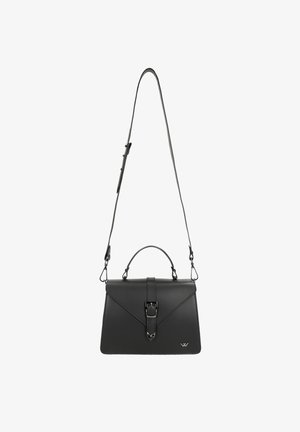 Black leather handbag with a structured design, featuring a top handle and adjustable shoulder strap. Buckle detail on the front.