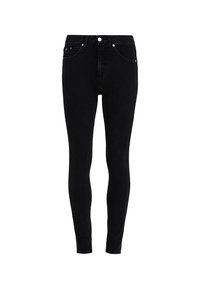 Czarne dżinsowe rurki z wysokim stanem, z zapięciem na guzik i suwak, pięcioma kieszeniami oraz subtelnymi detalami w szwie.