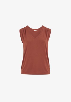 Top senza maniche color ruggine da donna con scollo a V e leggere pieghe vicino alle spalle, realizzato in tessuto morbido e leggero.